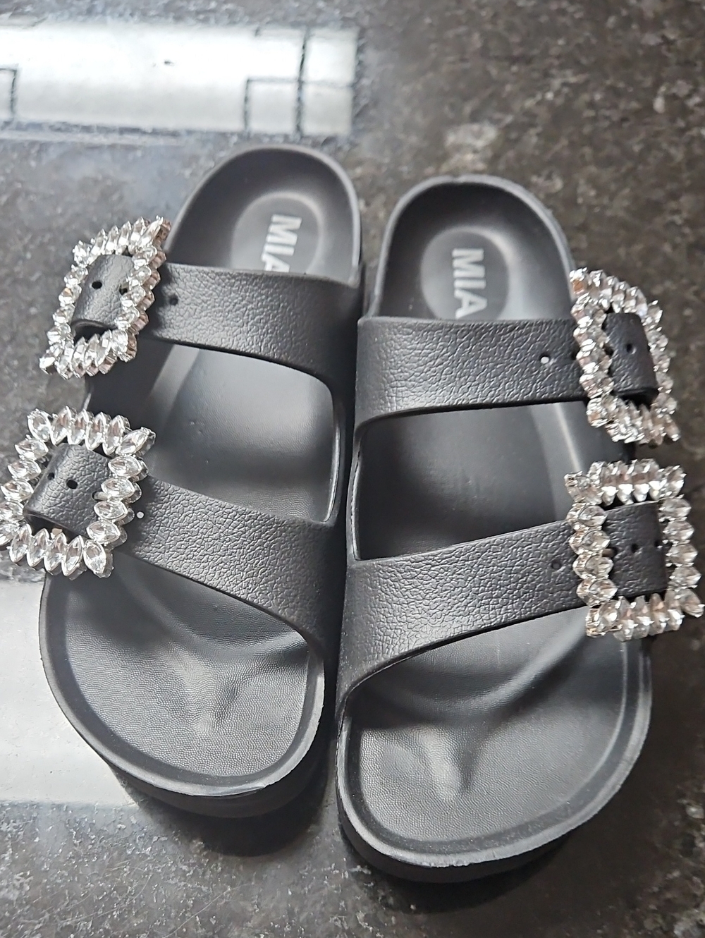 MIA Black Slide Sandals with Crystal Buckles